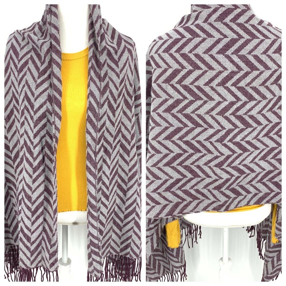 Charming Charlie Plum & Gray Chevron Knit Fringe Wrap, One Size